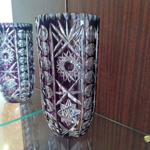 Crystal Ruby Red Cut to Clear Dot Star Flower Vase